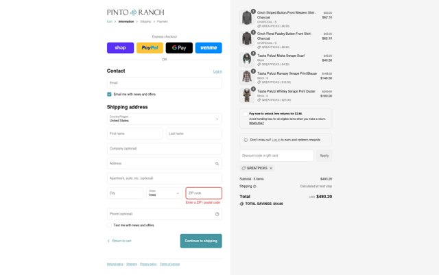 Pinto Ranch checkout page showing Pinto Ranch discount code box | Screenshot taken by SimplyCodes community member on Sep 4, 2025