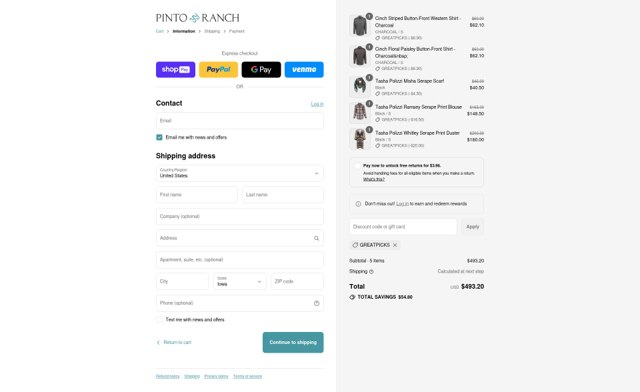Pinto Ranch checkout page showing Pinto Ranch discount code box | Screenshot taken by SimplyCodes community member on Aug 27, 2025