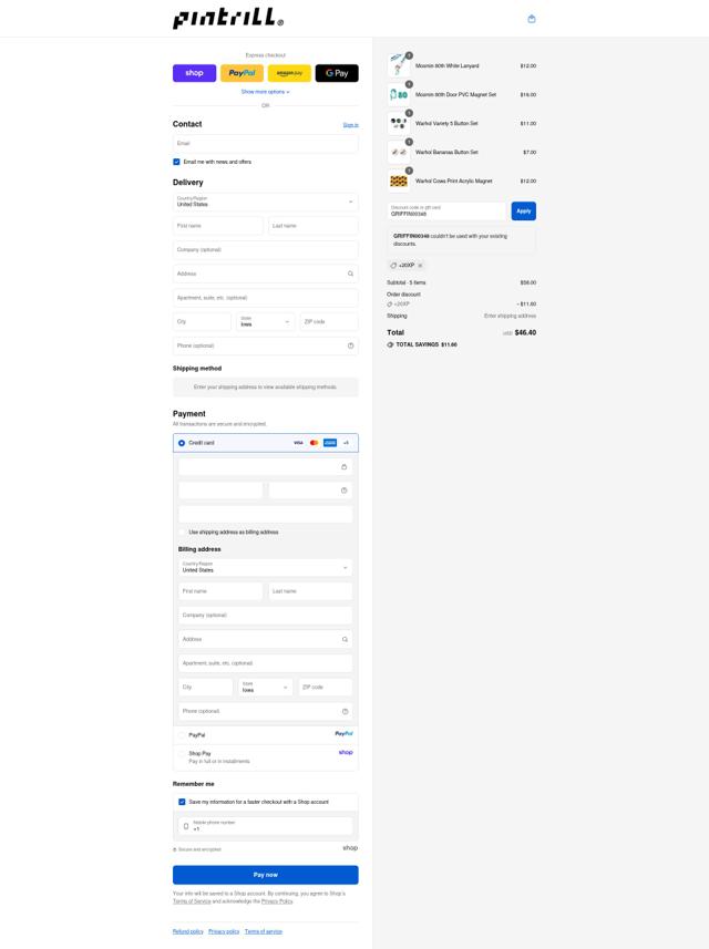 Pintrill checkout page showing Pintrill promo code box | Screenshot taken by SimplyCodes community member on Sep 9, 2025