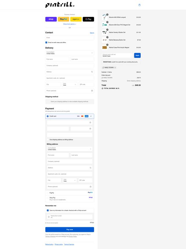 Pintrill checkout page showing Pintrill promo code box | Screenshot taken by SimplyCodes community member on Sep 9, 2025