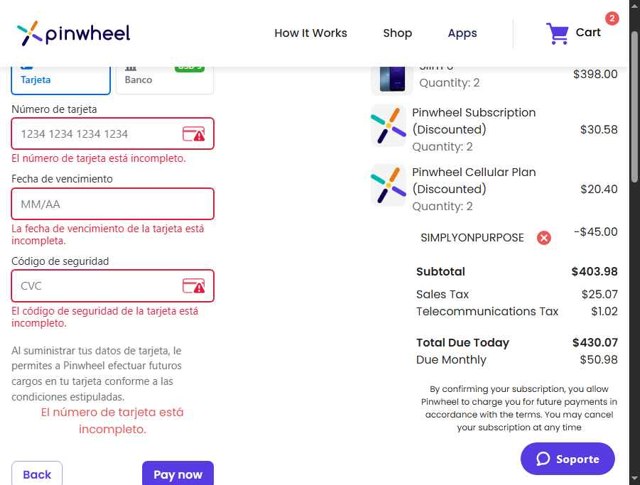 Pinwheel checkout page showing Pinwheel promo code box | Screenshot taken by SimplyCodes community member on Jul 17, 2025