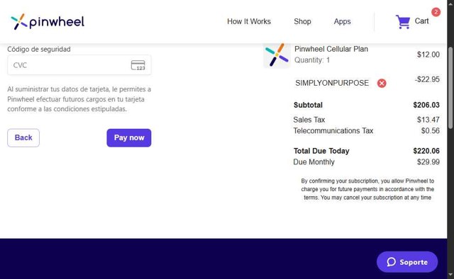 Pinwheel checkout page showing Pinwheel promo code box | Screenshot taken by SimplyCodes community member on Jul 17, 2025