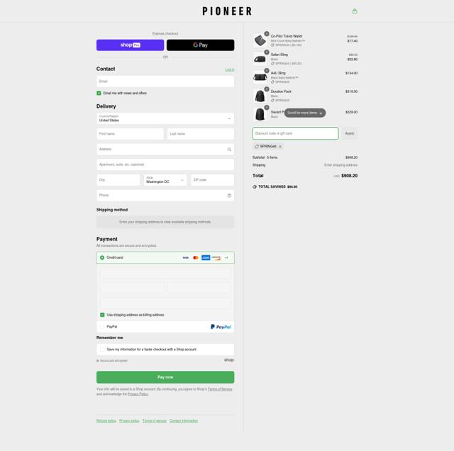 Pioneer Carry checkout page showing Pioneer Carry discount code box | Screenshot taken by SimplyCodes community member on May 17, 2025