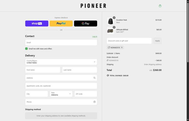 Pioneer Carry checkout page showing Pioneer Carry discount code box | Screenshot taken by SimplyCodes community member on May 13, 2025