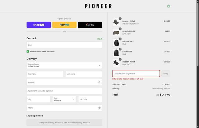 Pioneer Carry checkout page showing Pioneer Carry discount code box | Screenshot taken by SimplyCodes community member on May 13, 2025