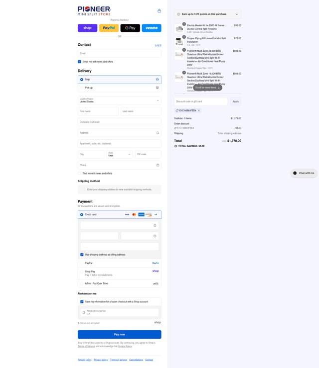 Pioneer Mini Split Store checkout page showing Pioneer Mini Split Store discount code box | Screenshot taken by SimplyCodes community member on Aug 28, 2025