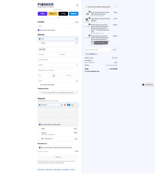Pioneer Mini Split Store checkout page showing Pioneer Mini Split Store discount code box | Screenshot taken by SimplyCodes community member on Sep 2, 2025