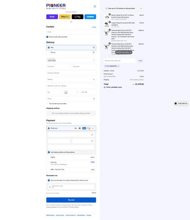 Pioneer Mini Split Store checkout page showing Pioneer Mini Split Store discount code box | Screenshot taken by SimplyCodes community member on Sep 6, 2025
