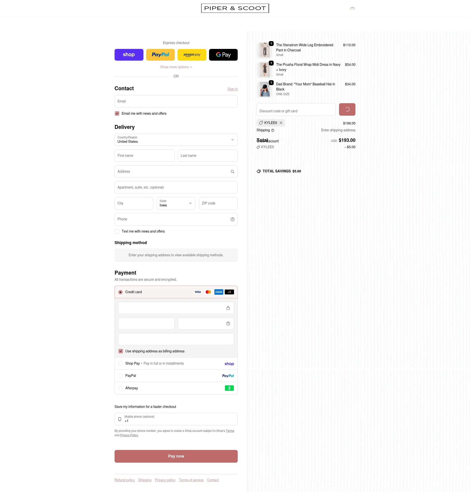 Piper & Scoot checkout page showing Piper & Scoot promo code box | Screenshot taken by SimplyCodes community member on Feb 6, 2026