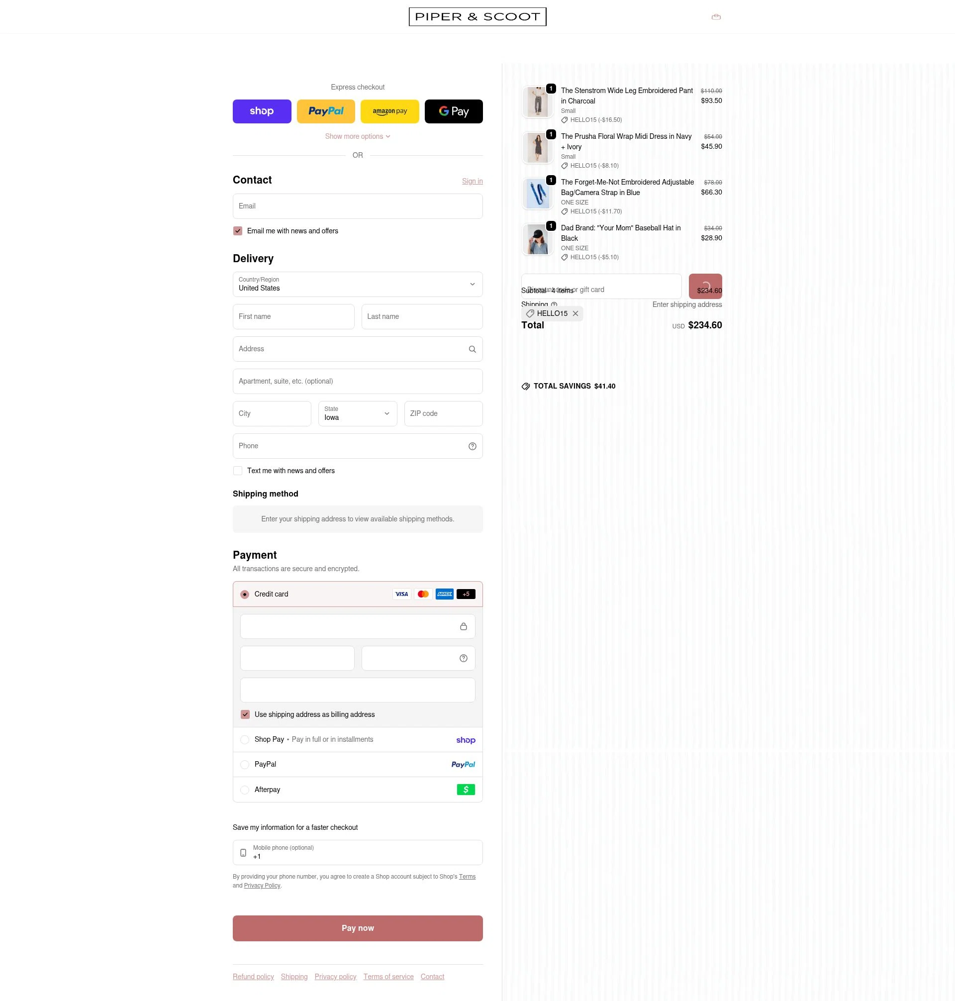 Piper & Scoot checkout page showing Piper & Scoot promo code box | Screenshot taken by SimplyCodes community member on Feb 1, 2026