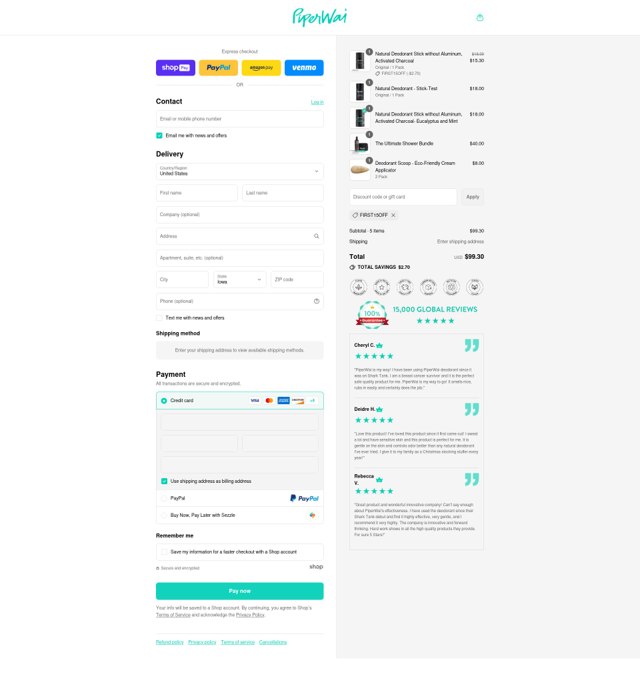 PiperWai checkout page showing PiperWai promo code box | Screenshot taken by SimplyCodes community member on Aug 11, 2025
