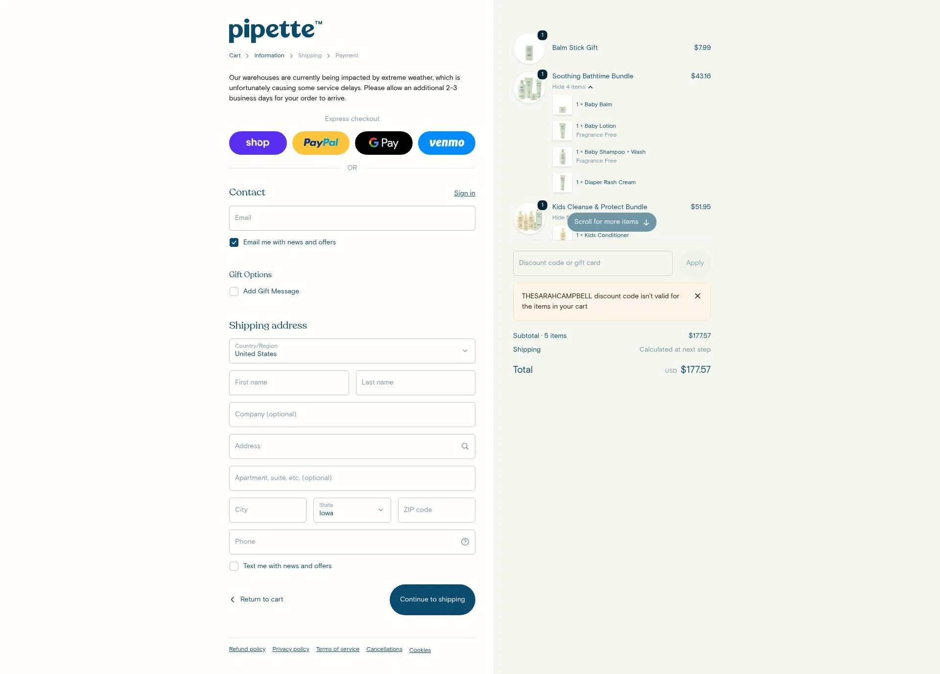 Pipette Baby checkout page showing Pipette Baby promo code box | Screenshot taken by SimplyCodes community member on Feb 19, 2026