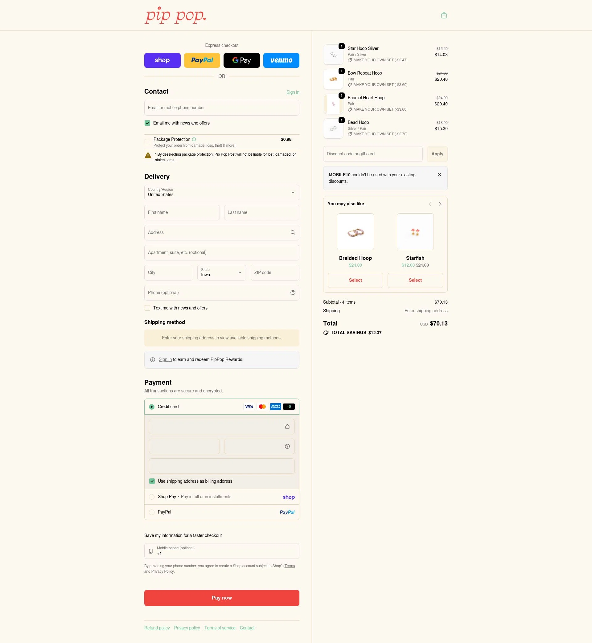 Pip Pop Post checkout page showing Pip Pop Post coupon code box | Screenshot taken by SimplyCodes community member on Feb 16, 2026