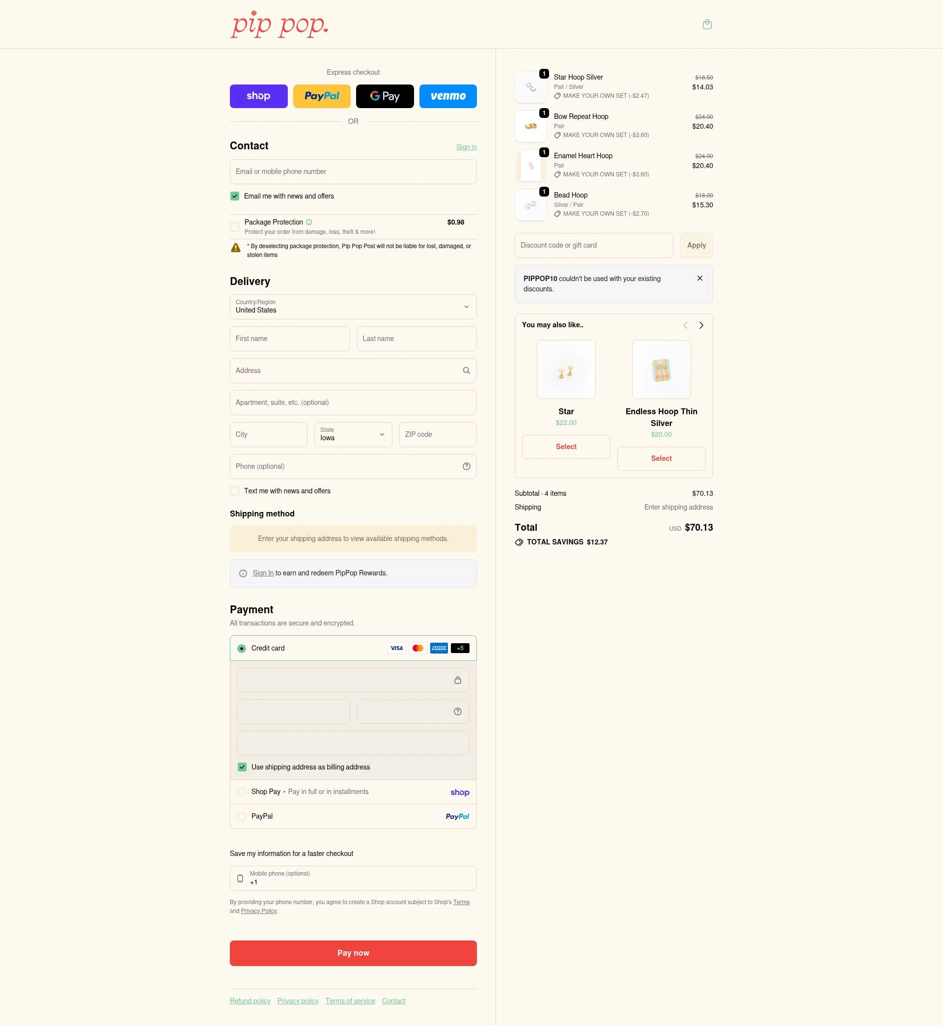 Pip Pop Post checkout page showing Pip Pop Post coupon code box | Screenshot taken by SimplyCodes community member on Feb 11, 2026
