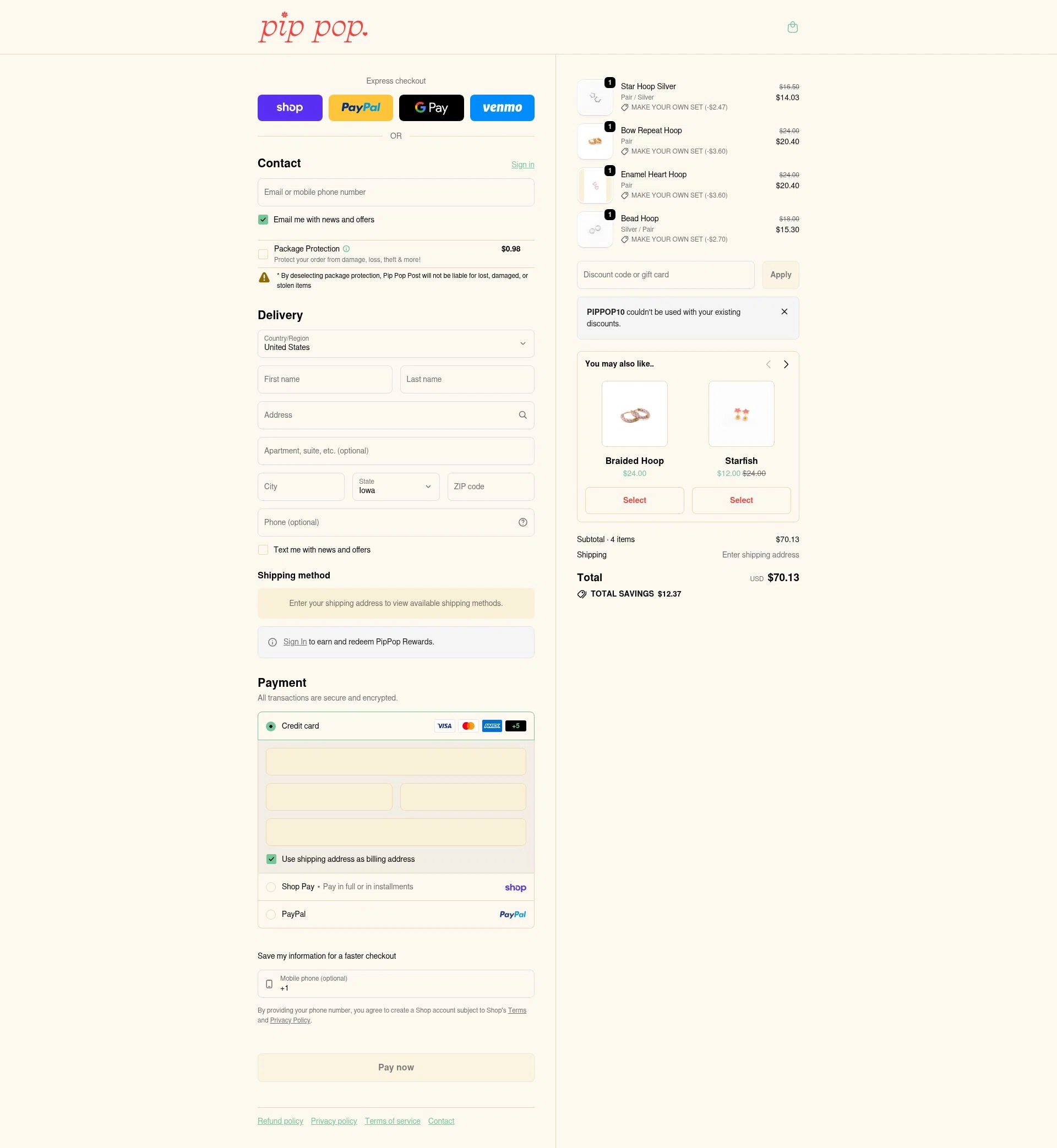 Pip Pop Post checkout page showing Pip Pop Post coupon code box | Screenshot taken by SimplyCodes community member on Feb 16, 2026