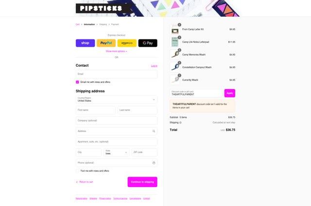 Pipsticks checkout page showing Pipsticks coupon code box | Screenshot taken by SimplyCodes community member on Sep 2, 2025