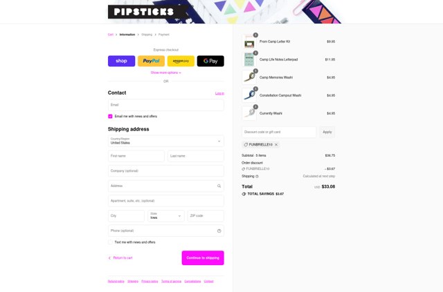 Pipsticks checkout page showing Pipsticks coupon code box | Screenshot taken by SimplyCodes community member on Sep 2, 2025