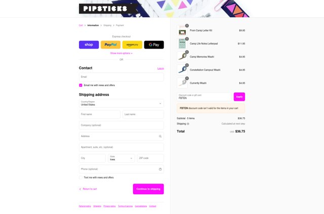 Pipsticks checkout page showing Pipsticks coupon code box | Screenshot taken by SimplyCodes community member on Sep 2, 2025
