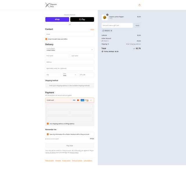 Piquant Post checkout page showing Piquant Post discount code box | Screenshot taken by SimplyCodes community member on Sep 2, 2025