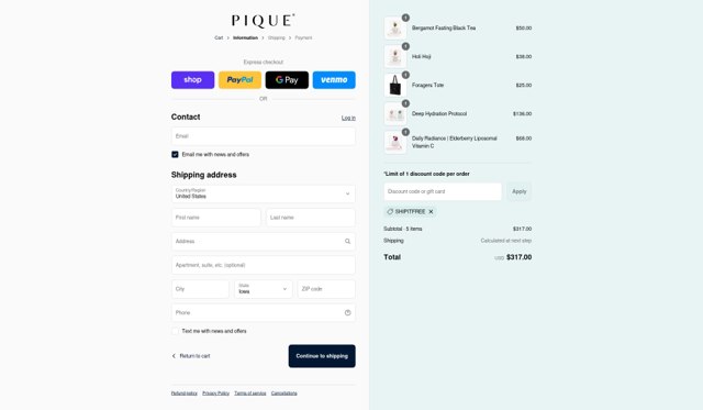 Pique Life checkout page showing Pique Life discount code box | Screenshot taken by SimplyCodes community member on Sep 4, 2025