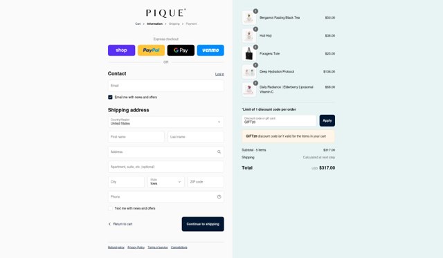 Pique Life checkout page showing Pique Life discount code box | Screenshot taken by SimplyCodes community member on Sep 4, 2025