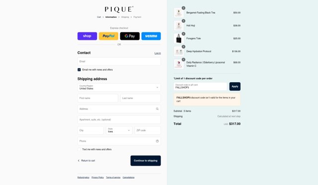 Pique Life checkout page showing Pique Life discount code box | Screenshot taken by SimplyCodes community member on Sep 4, 2025