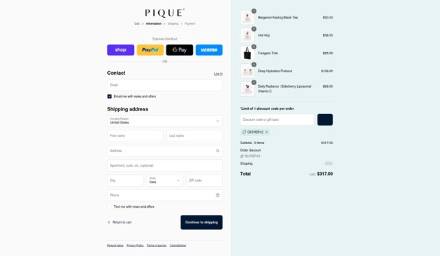 Pique Life checkout page showing Pique Life discount code box | Screenshot taken by SimplyCodes community member on Sep 4, 2025