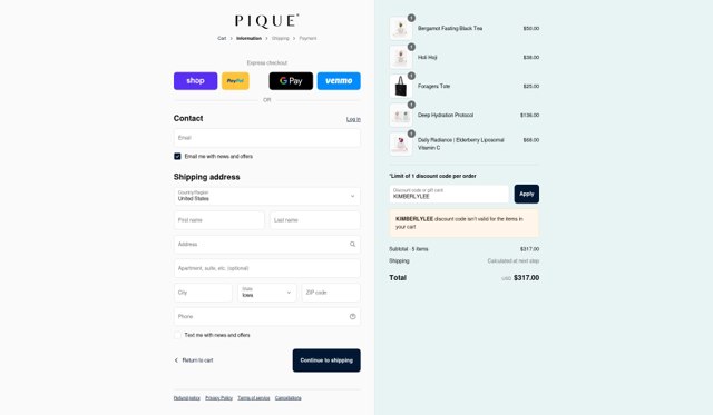 Pique Life checkout page showing Pique Life discount code box | Screenshot taken by SimplyCodes community member on Sep 4, 2025