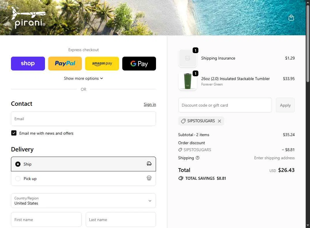 Pirani Life checkout page showing Pirani Life promo code box | Screenshot taken by SimplyCodes community member on Oct 11, 2025