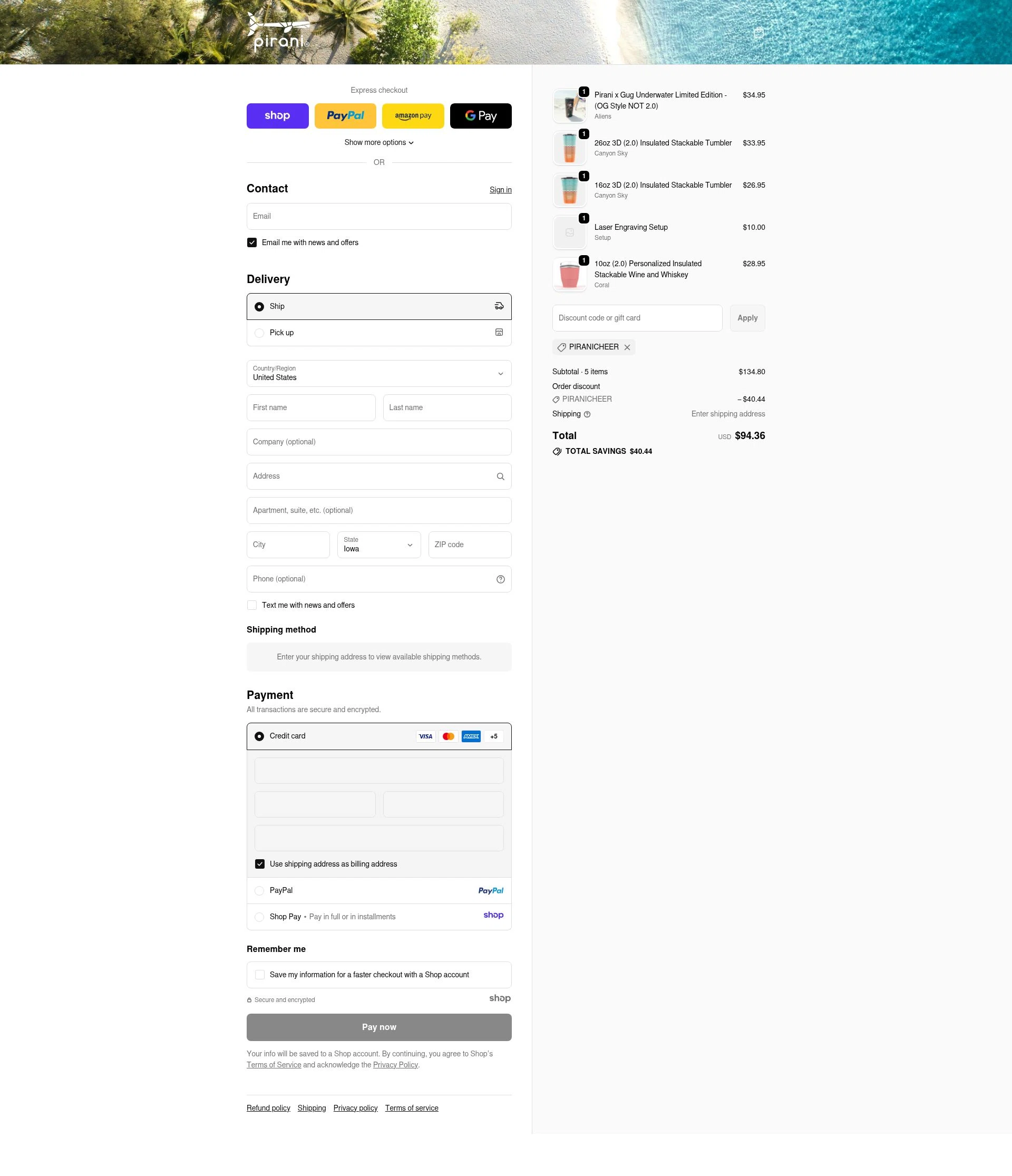 Pirani Life checkout page showing Pirani Life promo code box | Screenshot taken by SimplyCodes community member on Nov 27, 2025