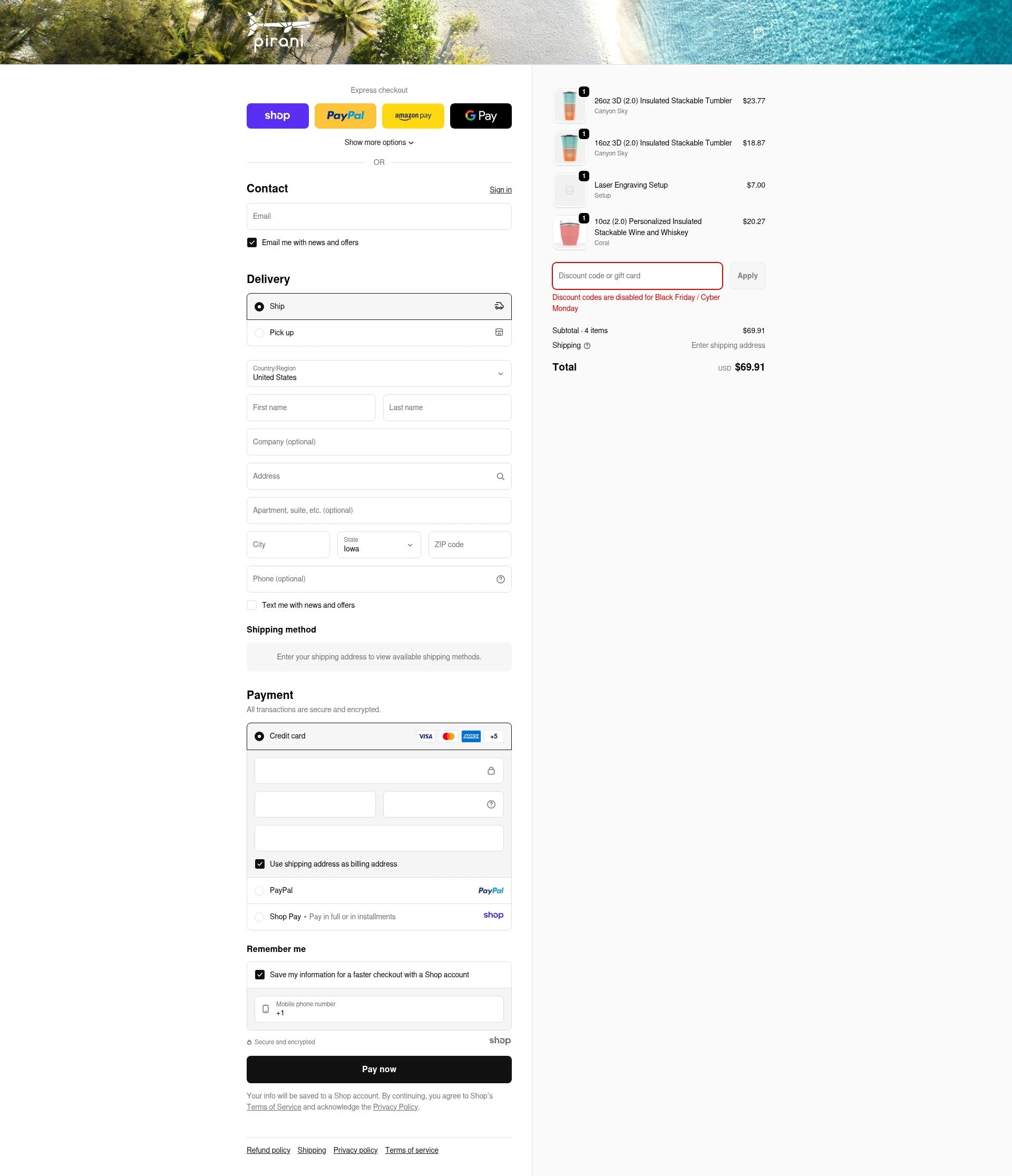 Pirani Life checkout page showing Pirani Life promo code box | Screenshot taken by SimplyCodes community member on Dec 2, 2025