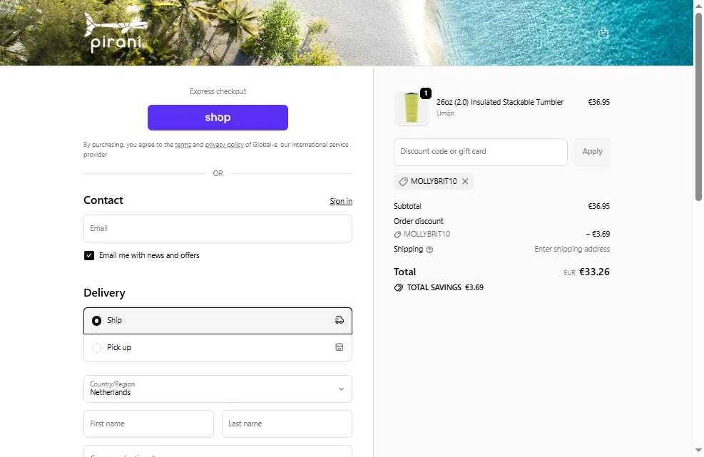 Pirani Life checkout page showing Pirani Life promo code box | Screenshot taken by SimplyCodes community member on Nov 6, 2025