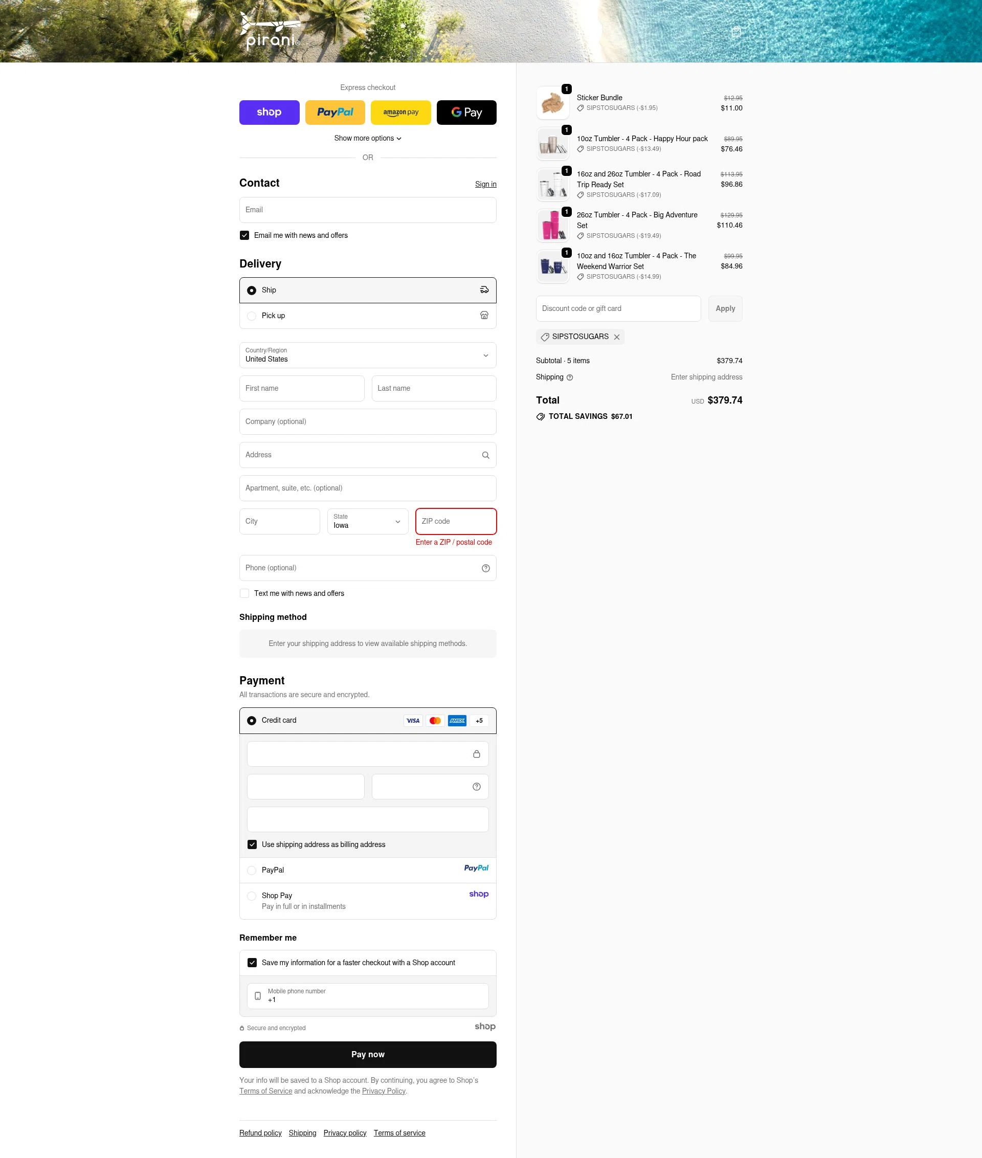 Pirani Life checkout page showing Pirani Life promo code box | Screenshot taken by SimplyCodes community member on Sep 23, 2025