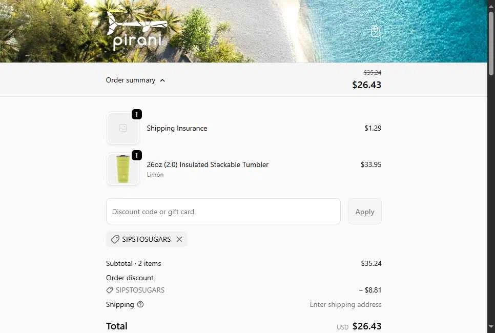 Pirani Life checkout page showing Pirani Life promo code box | Screenshot taken by SimplyCodes community member on Oct 13, 2025
