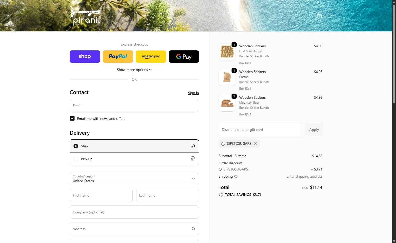 Pirani Life checkout page showing Pirani Life promo code box | Screenshot taken by SimplyCodes community member on Oct 11, 2025