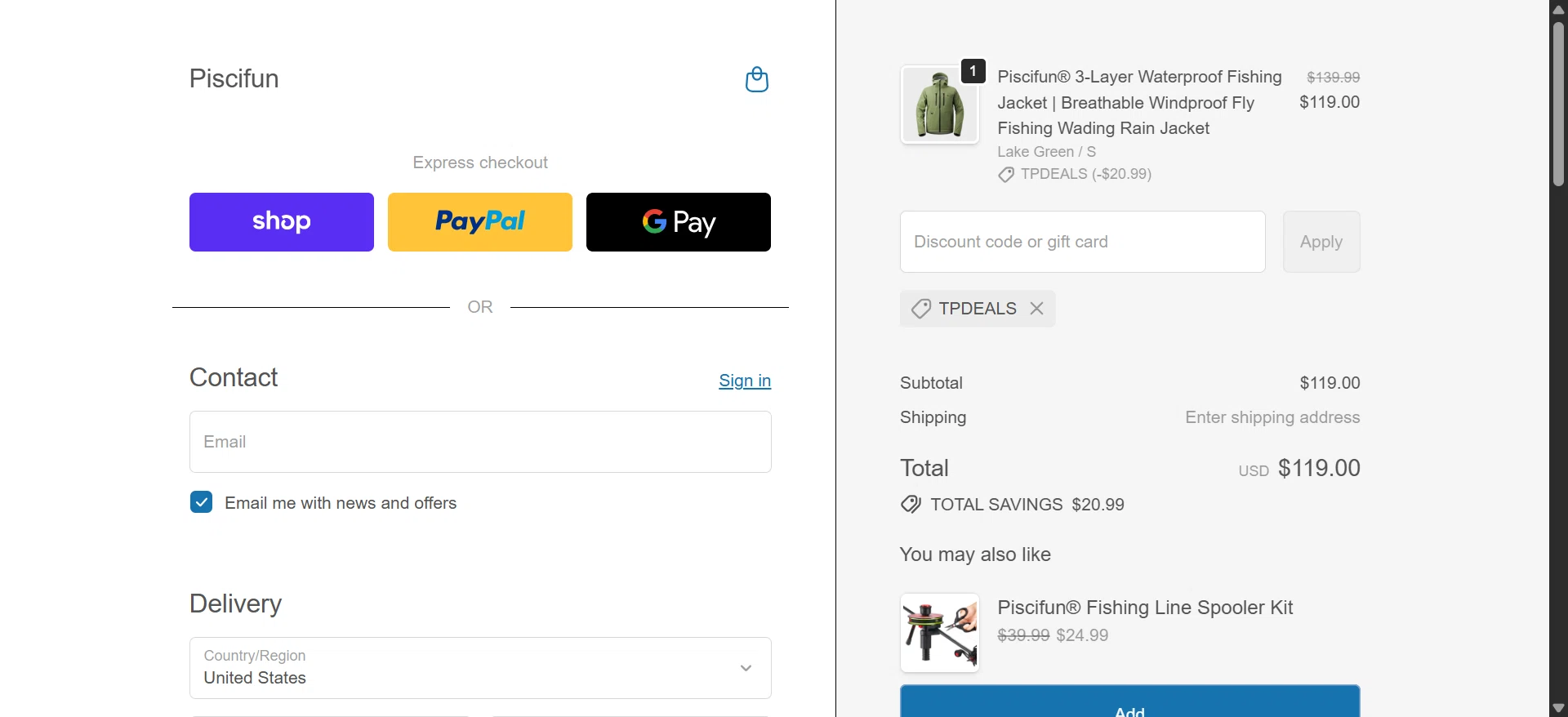 Piscifun promo code screenshot showing code TPDEALS applied at Piscifun checkout page. Uploaded by SimplyCodes community member SilverMaestro6968 on Jun 3, 2026