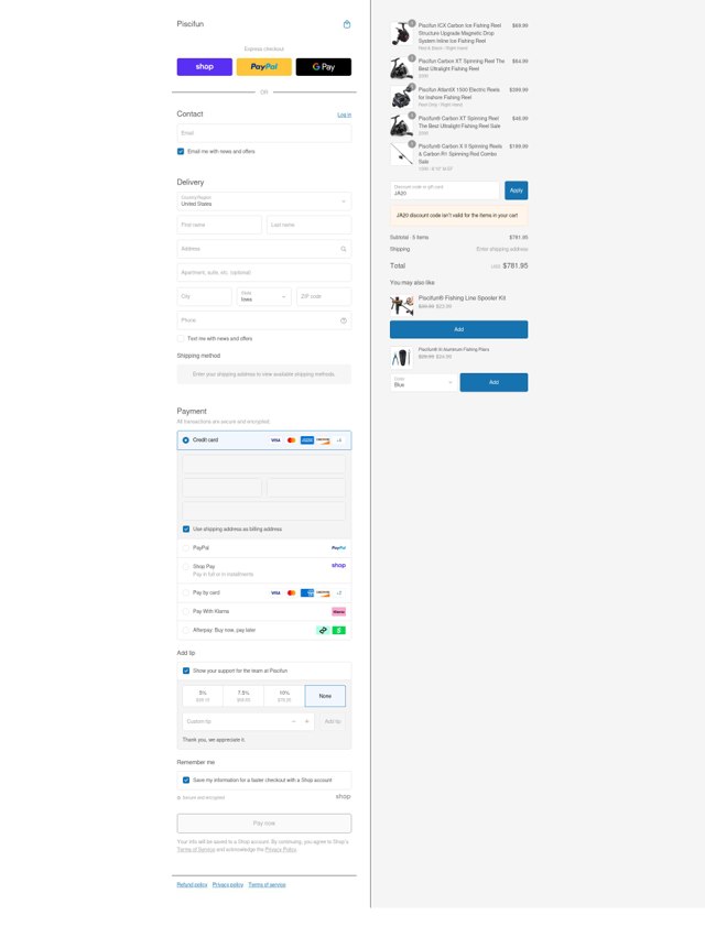 Piscifun checkout page showing Piscifun discount code box | Screenshot taken by SimplyCodes community member on Sep 5, 2025