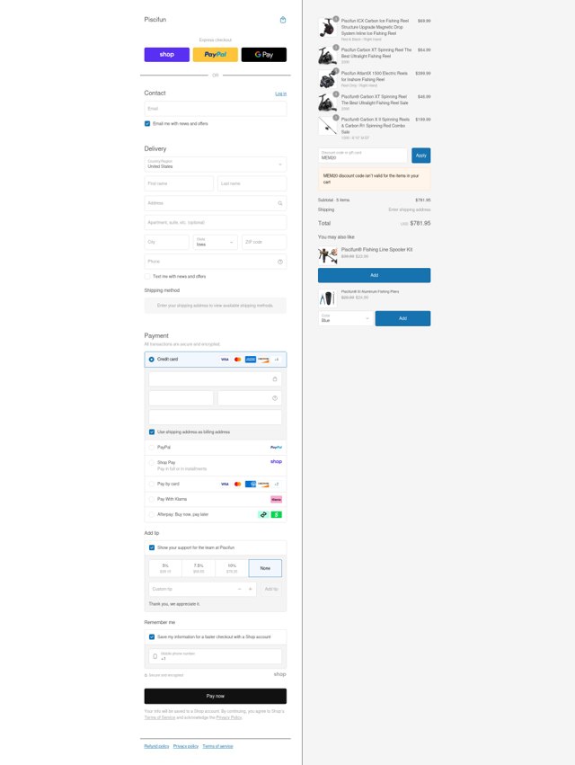 Piscifun checkout page showing Piscifun discount code box | Screenshot taken by SimplyCodes community member on Sep 5, 2025