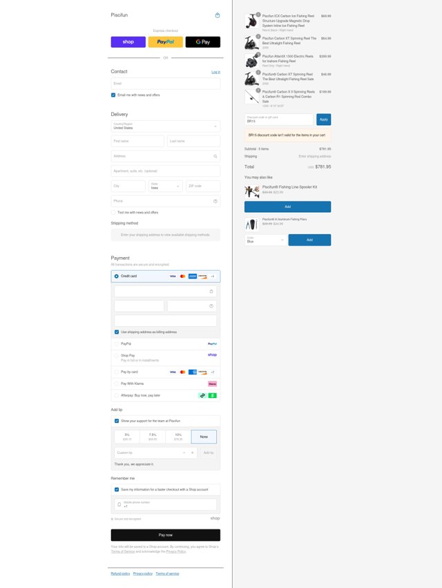Piscifun checkout page showing Piscifun discount code box | Screenshot taken by SimplyCodes community member on Sep 5, 2025
