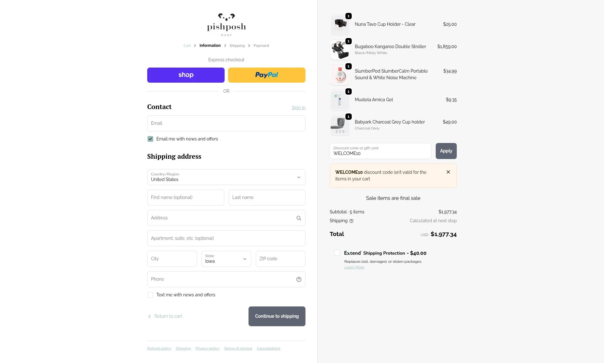 PishPosh Baby checkout page showing PishPosh Baby discount code box | Screenshot taken by SimplyCodes community member on Nov 12, 2025