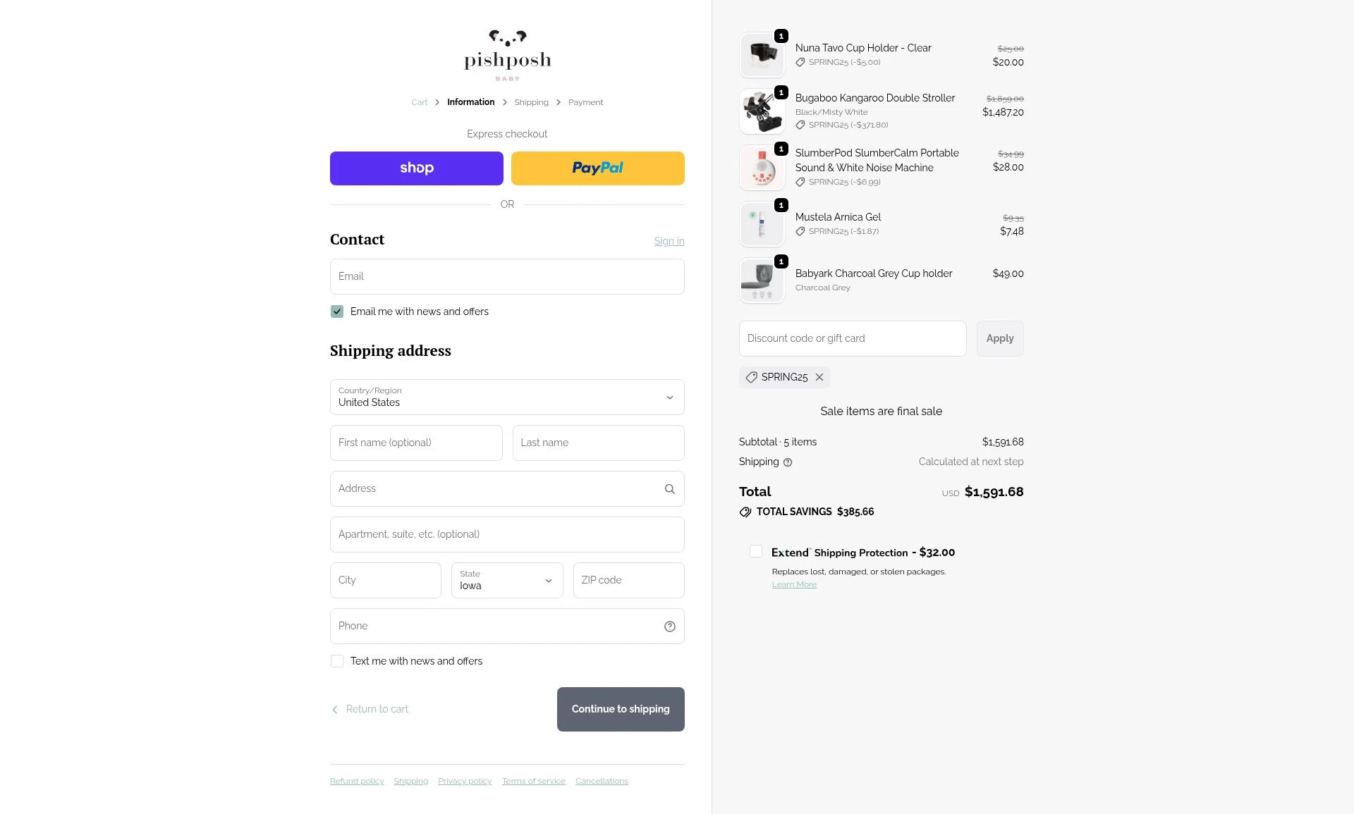 PishPosh Baby checkout page showing PishPosh Baby discount code box | Screenshot taken by SimplyCodes community member on Nov 12, 2025