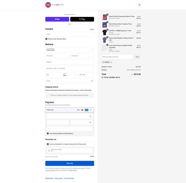 Pistons 313 Shop checkout page showing Pistons 313 Shop discount code box | Screenshot taken by SimplyCodes community member on Sep 10, 2025
