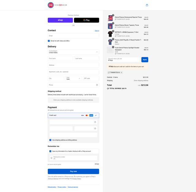 Pistons 313 Shop checkout page showing Pistons 313 Shop discount code box | Screenshot taken by SimplyCodes community member on Sep 10, 2025