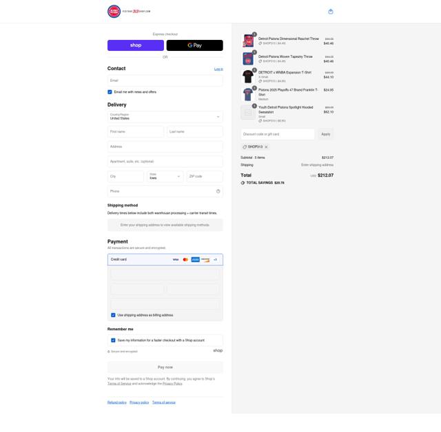 Pistons 313 Shop checkout page showing Pistons 313 Shop discount code box | Screenshot taken by SimplyCodes community member on Sep 6, 2025