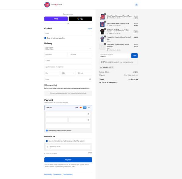 Pistons 313 Shop checkout page showing Pistons 313 Shop discount code box | Screenshot taken by SimplyCodes community member on Sep 10, 2025