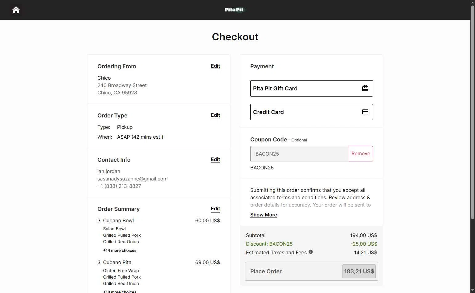Pita Pit USA checkout page showing Pita Pit USA promo code box | Screenshot taken by SimplyCodes community member on Aug 30, 2025