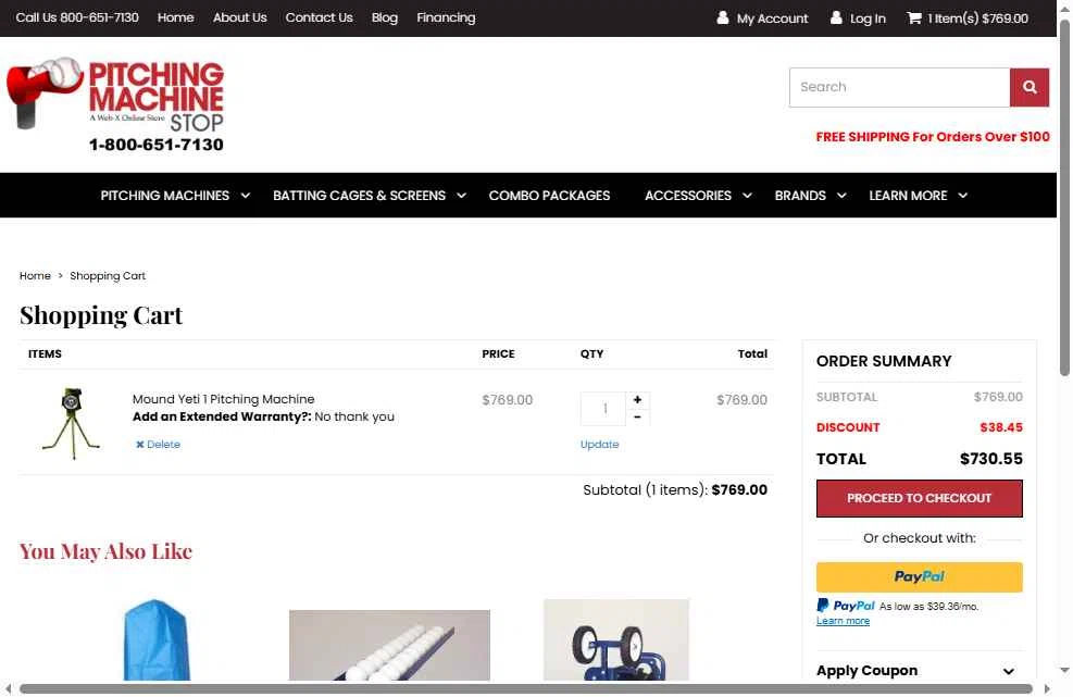 Pitching Machine Stop checkout page showing Pitching Machine Stop promo code box | Screenshot taken by SimplyCodes community member on Jun 20, 2025