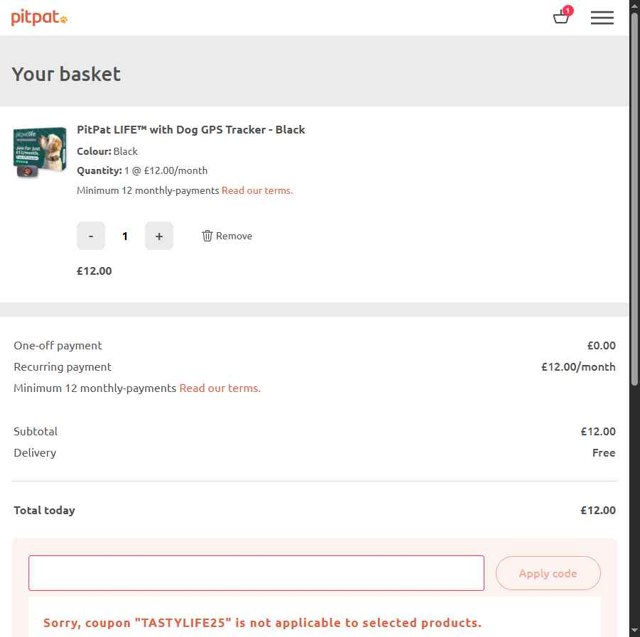 PitPat checkout page showing PitPat discount code box | Screenshot taken by SimplyCodes community member on Aug 8, 2025