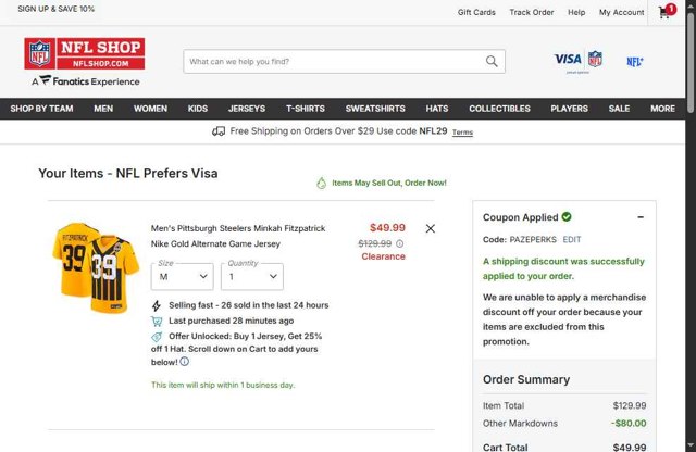Pittsburgh Steelers checkout page showing Pittsburgh Steelers promo code box | Screenshot taken by SimplyCodes community member on Sep 8, 2025
