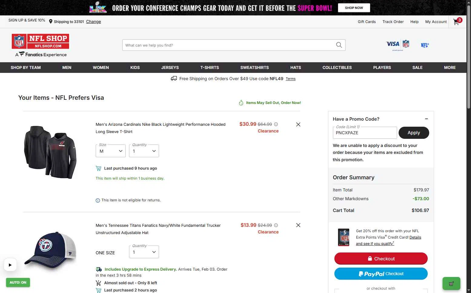 Pittsburgh Steelers checkout page showing Pittsburgh Steelers promo code box | Screenshot taken by SimplyCodes community member on Jan 30, 2026